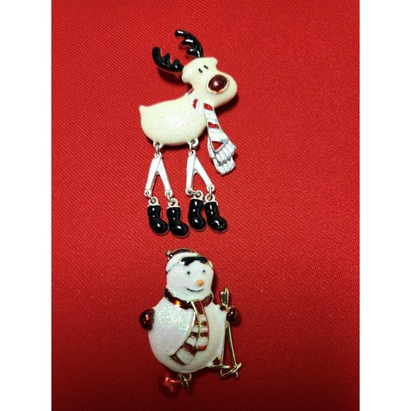 Christmas Pins Brooches Set of 2 Christmas Rudolph Reindeer Skiing Snowman Pins - Picture 4 of 10
